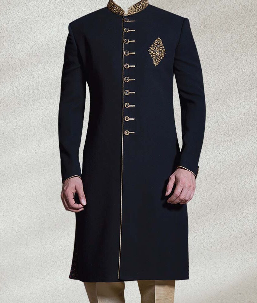 Golden Jamawar Sherwani Dezynish 