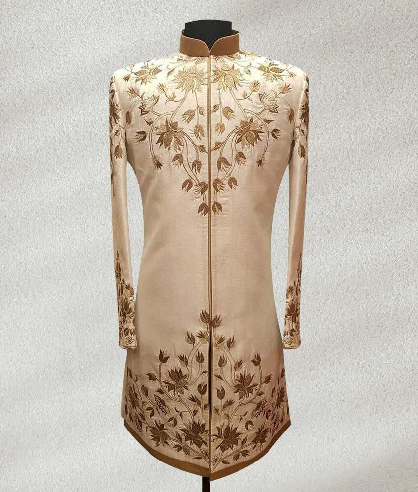 Buy White Silk Sherwani With Golden Embroidery